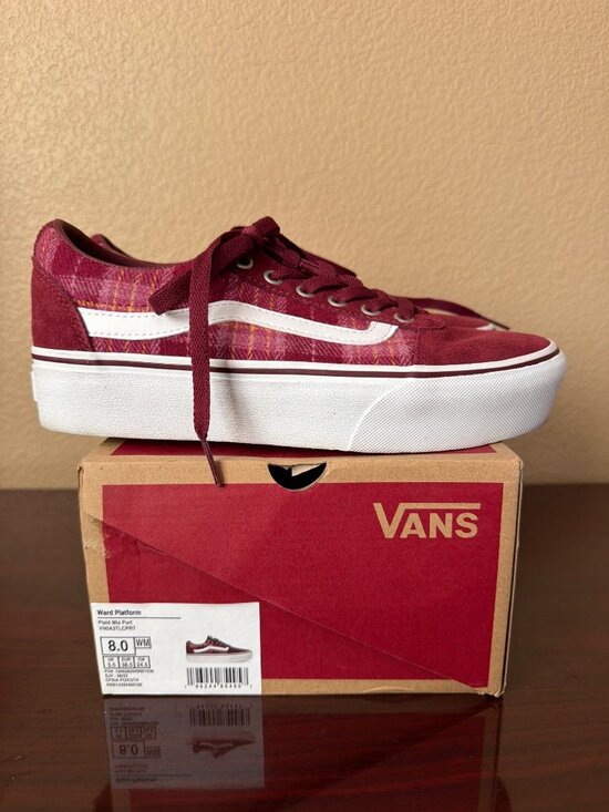 Vans Shoes - Vans Old Skool Ward Platform Plaid Sneakers Burgundy Size 8 Pre-owned w/Box